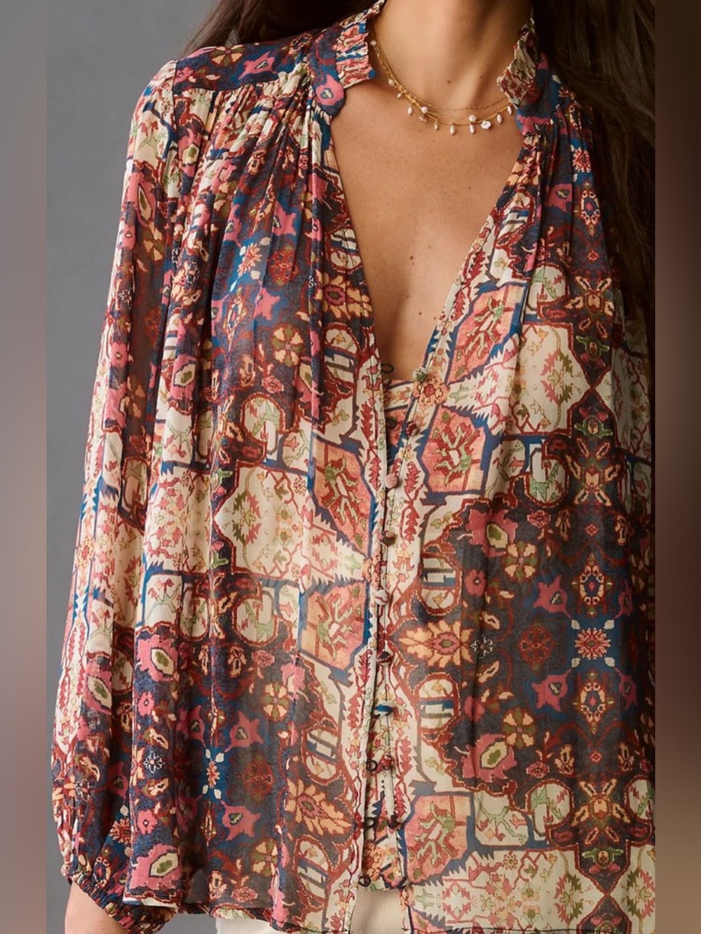 Anthropologie Estela Sheer Printed Blouse Long Sleeve Boho Viscose Size XL Fall